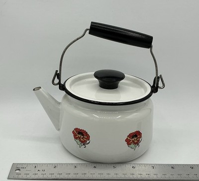 Vtg Enamelware Tea Kettle w/Wood Handle 4 Cup/1 Qt White w/Black Trim & Flowers