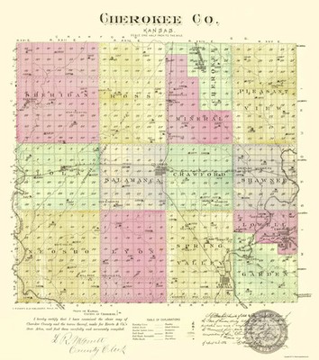 Historic County Map - Cherokee County Kansas - Everts 1887 - Vintage Wall Art