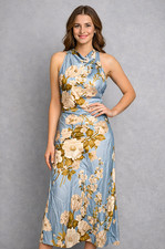 Reformation Floral Halter Midi Dress Blue Criss Cross Back Size 2