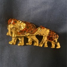 Gold Tone Elephant Brooch Pin with Red Accents, Metal Collectible
