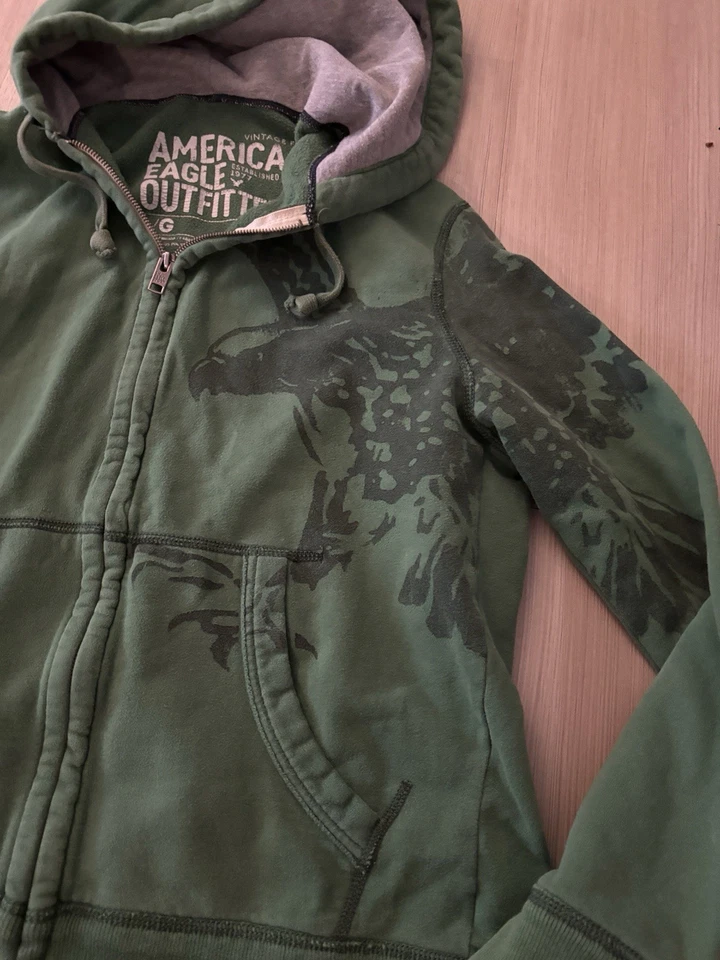 Moletom com capuz American Eagle Y2k masculino skatista tamanho grande verde com zíper - Imagem 2 de 3