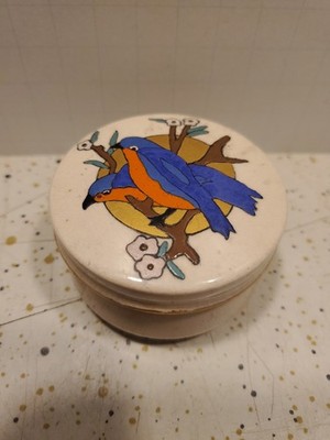 Antique 1925 M.E. Bourke 2 Embossed Bluebirds Branch small 2.5'' Ceramic Compact