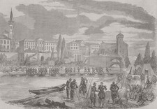 ITALIA. Tropas francesas cruzando río Muzza 1859 antiguo cuadro impreso antiguo