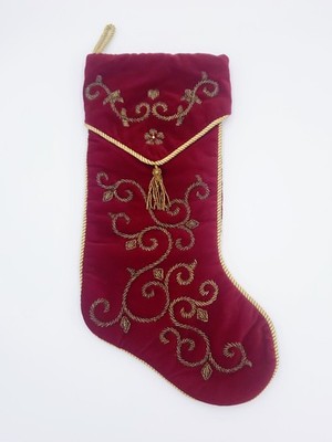 Vintage 19'' Burgundy Red Christmas Stocking Velvet Beaded Gold Prima Creations