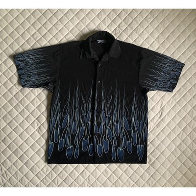 Y2K VTG Dragonfly Graphic Black & Blue Flame Button Up Shirt Sz L Streetwear