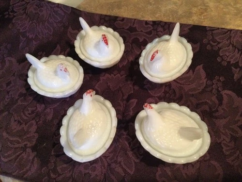 Antique Small 2 1/2 Inches White Milk glass Salt Cellar Hens Chickens Lot Of 5