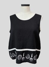 Vintage Anne LaBrusciano Black Linen Tank Block Print Top Made in USA Boxy Fit M