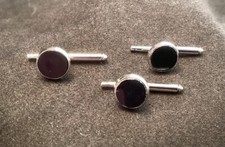 Silver Tone Round Black Stone Tux Shirt Studs Set of 3 Vintage