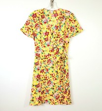 J. Crew Size 4 Women Yellow Floral V-Neck Short Sleeve Wrap Knee Length Dress