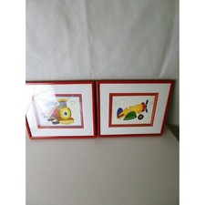 2 Framed Art Nursery Kids Room Decor Plane And Train 10"x12"