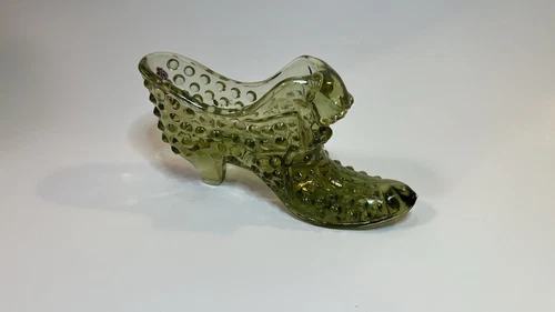 Vintage Fenton Green Hobnail Cat Head Glass Shoe