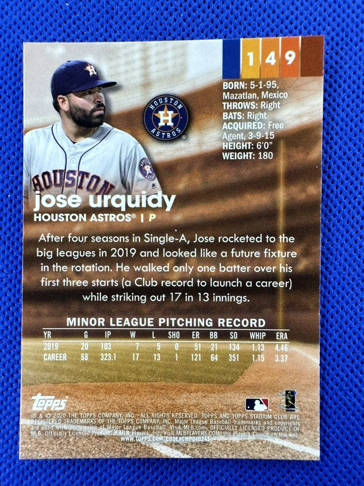 2020 #149 Jose Urquidy Topps Stadium Club Chrome Baseball RC Houston Astros - Image 2 of 2