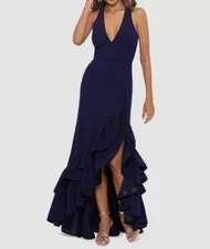 Betsy & Adam Women's Blue Ruffled V-Neck Gown Dress Size 2