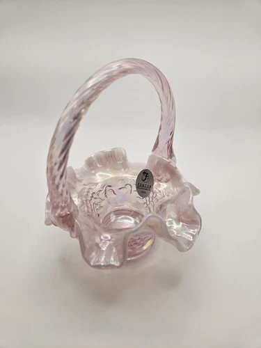 Vintage Fenton Pink Carnival Glass Mini Basket Ruffled Rim