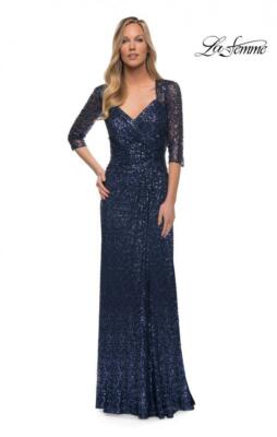 LA FEMME Navy Sequin Embellished V-Neck Sheer 3/4 Sleeve Pleated Gown Dress 10