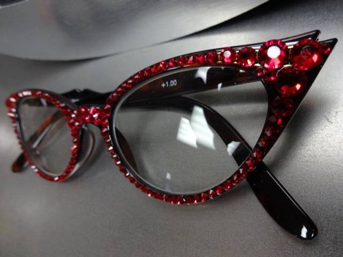 Women's VINTAGE CAT EYE Style READING EYE GLASSES READERS Red Crystals Handmade - Picture 10 of 19
