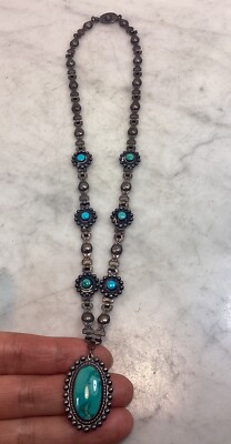 Vintage Native American Juan Pedro Garcia Sterling Silver Turquoise Necklace