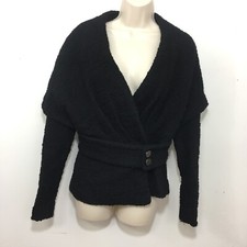Thakoon Nubby Knit Jacket Wool Blend Belted Long Sleeve Black Snap Front Size 8