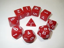 NEW RPG Dice 10pc - Opaque Red - 1 @ D4 D8 D10 D12 D20 D00-10 & 4 D6