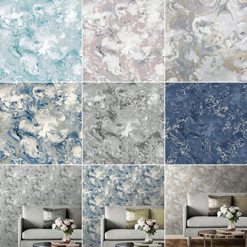 Muriva Elixir Marble Wallpaper Metallic Swirls - Silver Rose Gold Teal Grey Blue - Picture 1 of 31