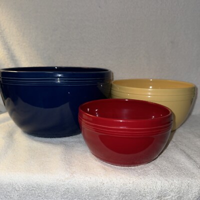 The Cellar Three-Piece Mixing Bowls Stoneware Blue, Yellow And Red.