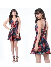 BEBE X Nave Floral PRINTED HALTER BACK CRISSCROSS DRESS NWT NEW 129 VTG Y2K