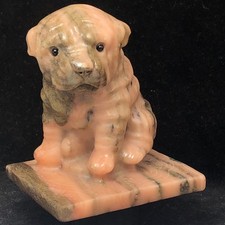 Shih Tzu puppy. Carved natural striped agate. Crystal quartz mineral specimen.