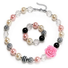 Rose Girls Cute Chunky Bubblegum Necklace and Bracelet Set Girls' Birthdays Day