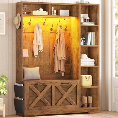 Hall Tree with Flip Drawers, 7 Shelves and Led Lights, Farmhouse Entryway Bench