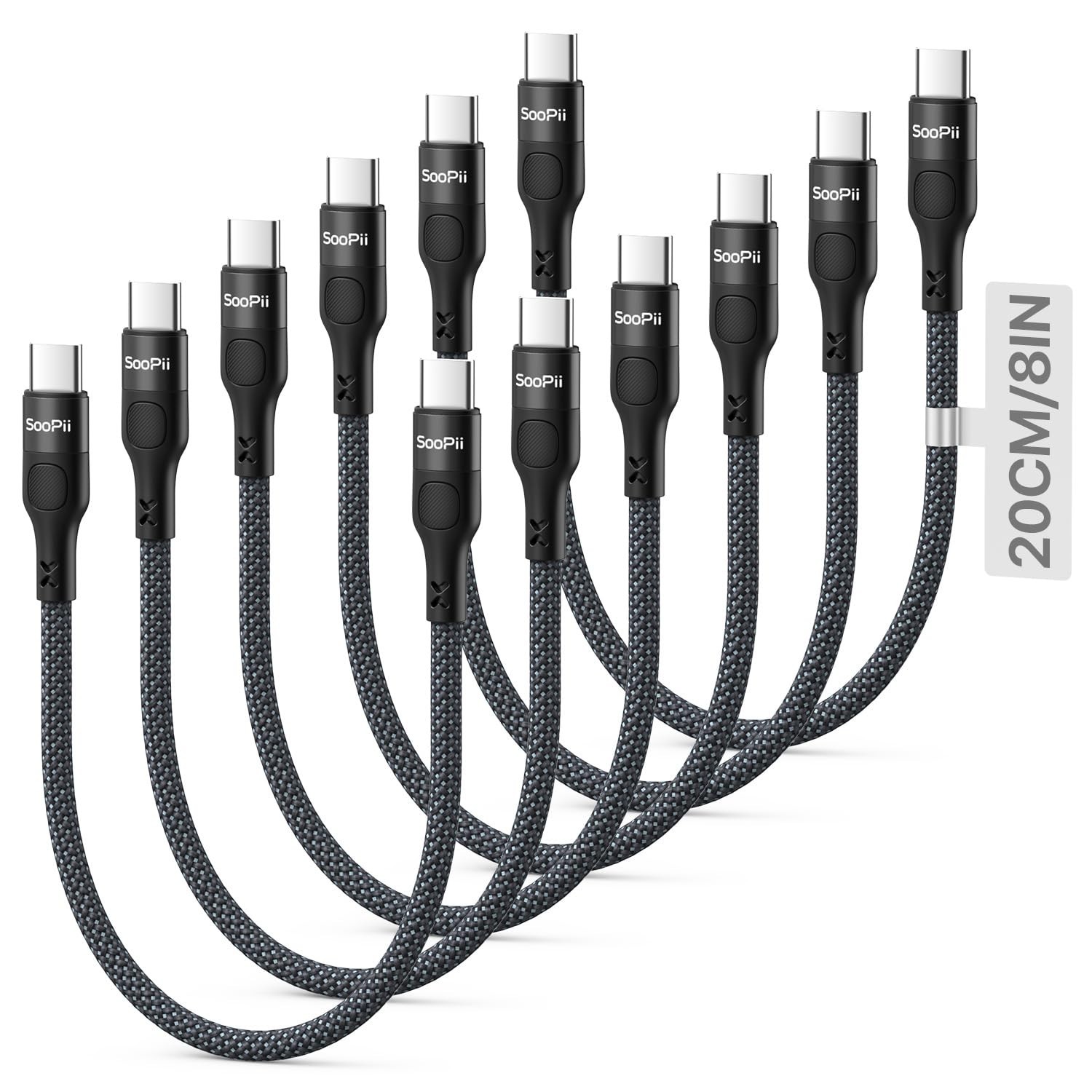 6-Pack 20CM Short USB C to USB C Cable, 60W PD Fast Charging Nylon Braided Cord
