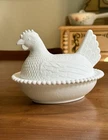 Vintage Indiana Milk Glass Hen on Nest White Covered Chicken Candy Dish 7 Inch