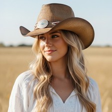 Women’s Turquoise Concho Beaded Band Vintage Western Straw Cowboy Cowgirl Hat