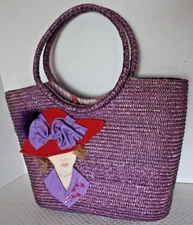 Red Hat Society Woven Straw Purse Featuring Fabric Hat Purple  Top Handles, Snap