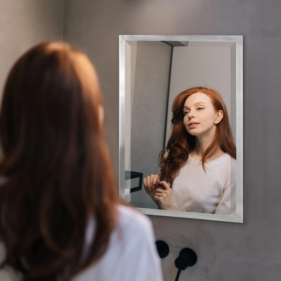 Brushed Nickel Bathroom Vanity Mirror, Beveled Stainless Steel Decorative Mir... - Image 2 of 4