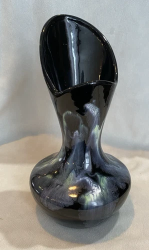 Royal Haeger Pottery Black Glaze Vase 9" 413 Blue Green White Vintage MCM