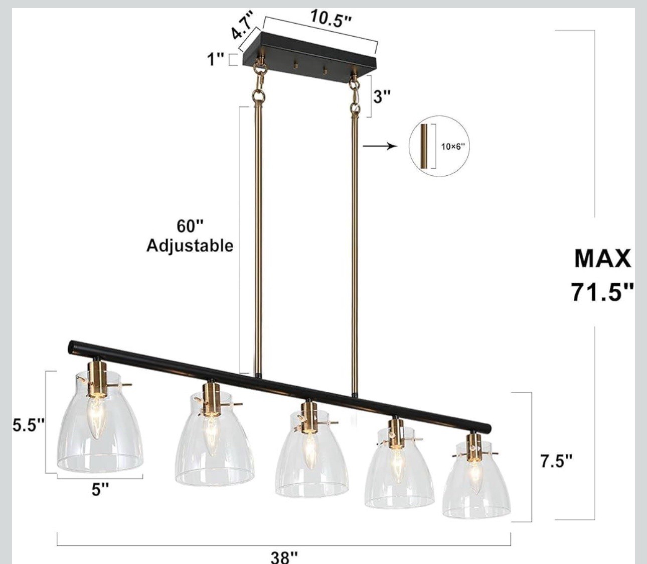 GEPOW 38” KITCHEN ISLAND LIGHTING LIGHTING, BLACK AND GOLD LINEAR CHANDELIER