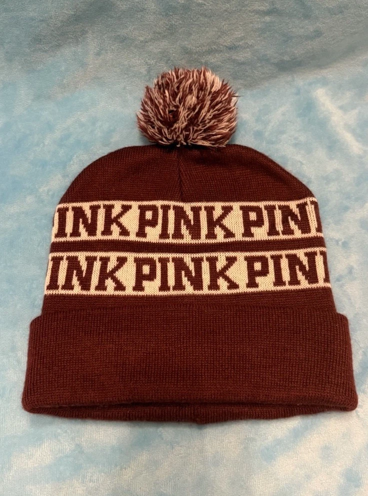 Bonnet Victoria's Secret – Pompon – Femme – Bordeaux Et Blanc – Taille Unique – Neuf