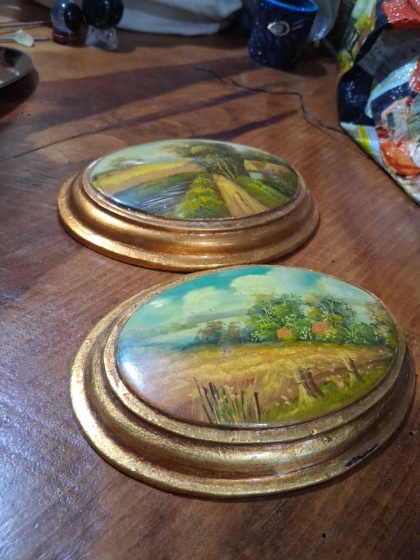 Pair Of Hand-Painted Oil Landscape Medallions On Wood  18X23CM