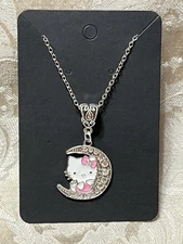Hello Kitty Crescent Moon Gem Charm Fashion Boho Trendy Silver Necklace 18”