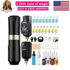 Tattoo Gun Kit Wireless Tattoo Machine Pen Kit with 2 Batteries 16 Cartridge ...