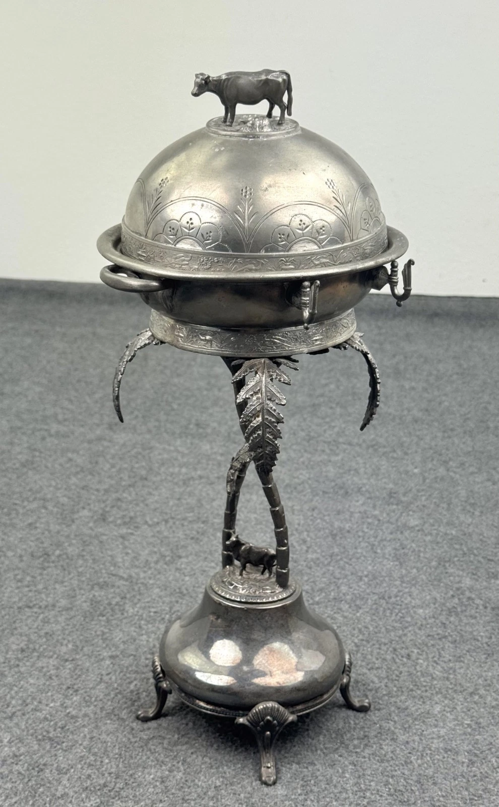 Antique Simpson Hall Miller Silverplate Covered Butter Dish w/Cow Finial + Stand