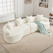 110" Curved Boneless Sectional Sofa w/ Flared Arms,White Chenille Pillow Back
