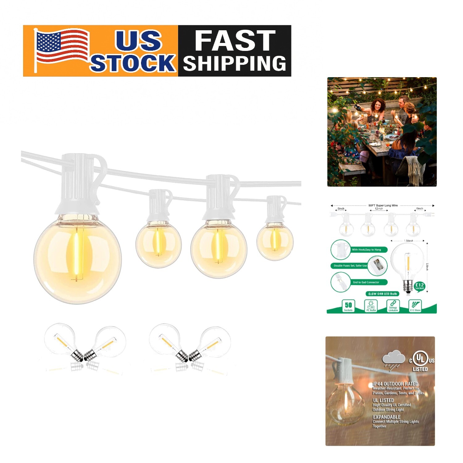 50FT Dimmable Shatterproof G40 LED Globe String Lights for Outdoor Parties and Events