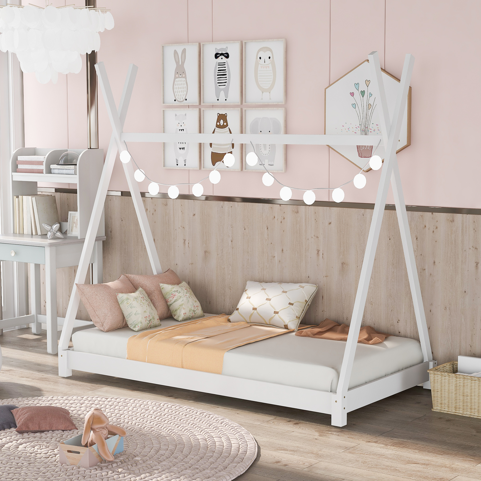 Twin Size White Platform Bed with Sturdy Triangle Structure