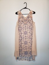 Free People Womens S Beaded Sleeveless Sheath Dress Boho Aztec Blue Tan