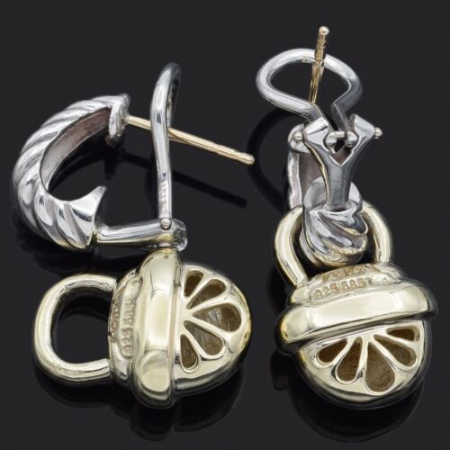 David Yurman Sterling Silver & 14K Yellow Gold Acorn Omega-Back Dangle Earrings - Picture 3 of 6