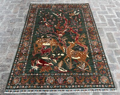  5x7 Green Area Rug with Deer & Tree of Life   Handmade Wool Forest Animal Rug  