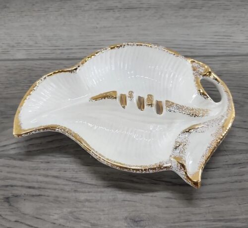 Vintage MCM Maurice of California White with Gold Trim Leaf Shaped Ashtray - Picture 1 of 7