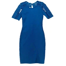 WOW Couture Crochet Bodycon Dress Small Teal Blue Stretch Mini Gold Label New