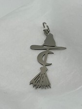 Silvertone Halloween Witch Wizard Hat and Broom Pendant